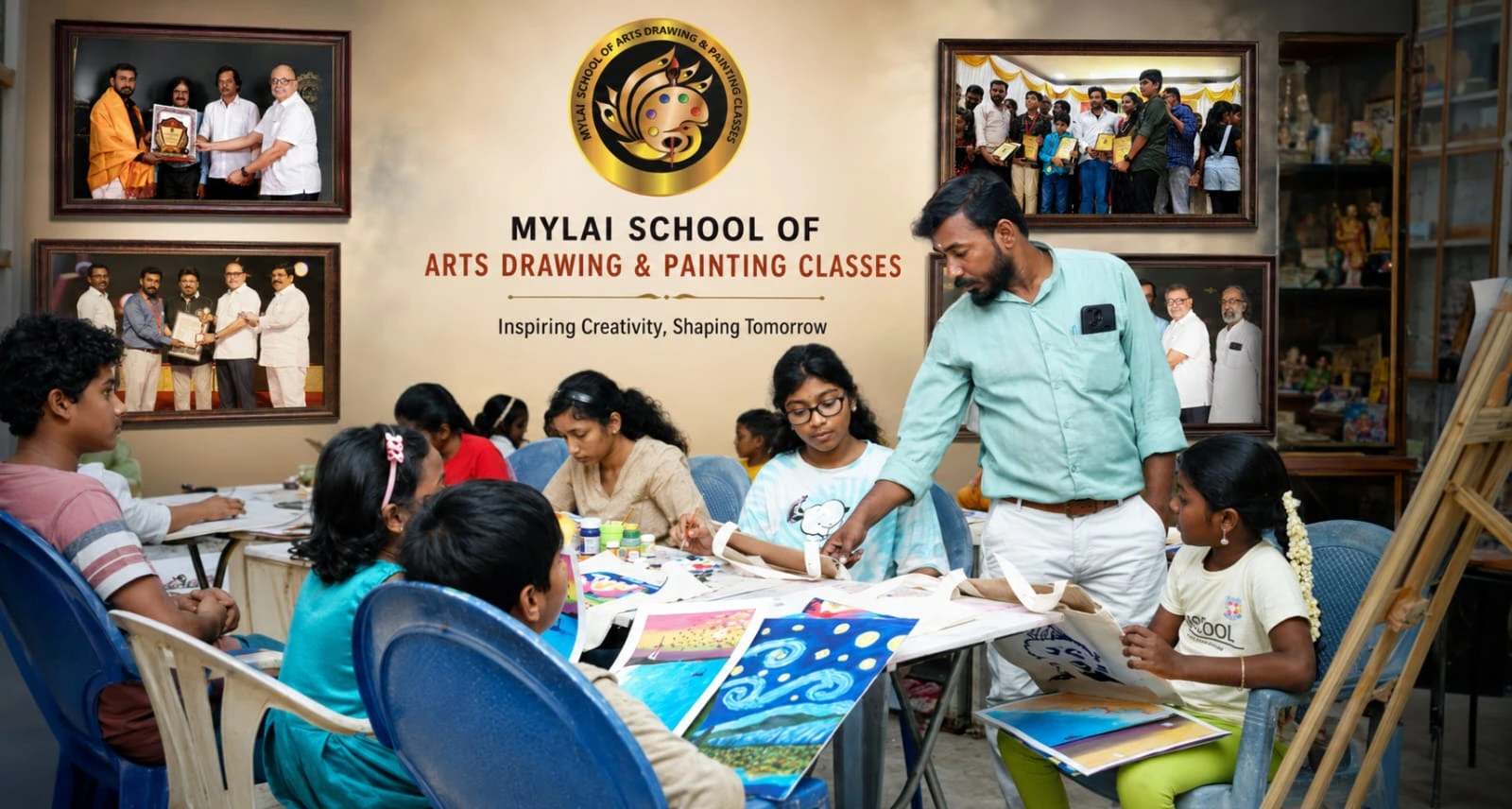 Students learning drawing and painting at Mylai School of Arts, Chennai