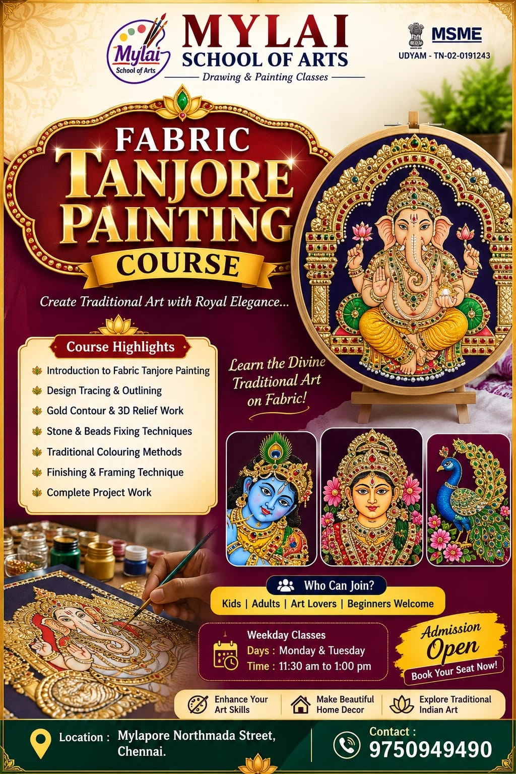 Fabric Tanjore Painting course poster — Mylai School of Arts
